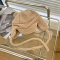 Gorro de aviador de lana de cordero marrón claro con orejas de oso y cintas largas - 55-58cm / Beige Caqui