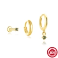 925 Silber Ohrring-Set mit grünen Moosachat-Steckern und Creolen in 18k Vergoldung - 925er Silber / Runde Serie (#1 Gold)