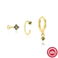 3-teiliges 925 Silber Gold Ohrring Set mit grünen Moosachat Steckern und Creolen - 925er Silber / Blütenblatt Serie (#5 Gold)