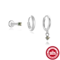 Schmuckset aus 925er Sterlingsilber mit grünem Moosachat und Creolen-Ohrringen - 925er Silber / Runde Serie (#1 Platin)