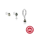 Ohrring-Set aus S925 Sterlingsilber mit grünen Moosachat-Anhängern und Steckern - 925er Silber / Tränenform Serie (#2 Platin)