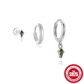 925 Silber Ohrring-Set mit drei Teilen, Moosachat-Steinen und polierten Creolen-Details - 925er Silber / Rhombus Serie (#6 Platin)
