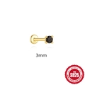 S925 sterling zilveren gouden oorknop met 3mm zwarte edelsteen en platte piercing - Goud 3mm - Per stuk