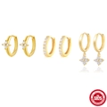 Three pairs of S925 sterling silver gold hoop earrings with white zircon accents - Gold