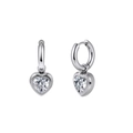 Detailed view of silver stainless steel hoop earrings with heart-shaped zircon pendants - Heart-Shaped Rhinestone Dangle Earrings (STKE10) / Steel