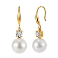 Gold plated stainless steel drop earrings with sparkling zircon and round white pearl - Hook Rhinestone Pearl Dangle (STPE06) / 3.55g / Gold