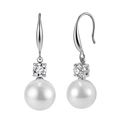 Detailed view of silver hook earrings featuring sparkling zirconia and white pearl - Hook Rhinestone Pearl Dangle (STPE06) / 3.55g / Steel