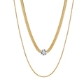 Detailed view of gold double-layered necklace with flat snake chain and round zircon pendant - Double Snake Chain Solo Rhinestone (STKN06) / Gold