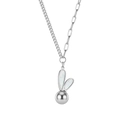 Detail of silver bunny necklace featuring pearl inlay and asymmetrical chain link design - Shell Inlay Rabbit Head Necklace (STMN09) / Silver