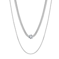 Double-layered silver necklace with flat snake chain and round cubic zirconia pendant - Double Snake Chain Solo Rhinestone (STKN06) / Steel