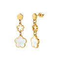 Detailed view of long gold-plated clover earrings with white mother-of-pearl inlays - Triple Flower Style (STME01) / Gold