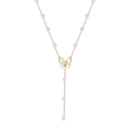 Detail of Y-shaped gold necklace with butterfly pendant and small pearls on white background - Y-Necklace Butterfly & Art. Pearl (STPN06) / Gold