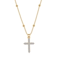 Close-up of gold-plated cross pendant with clear zircons and decorative beaded chain - Pave Rhinestone Cross Bead Chain (STKN04) / Gold