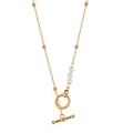18k gold plated paperclip chain necklace with white pearls and textured OT clasp - Pearl Decor OT Buckle Necklace (STKN11) / Gold