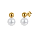Elegant gold metal ball and white pearl stud earrings shown from front and side view - Double Ball Artificial Pearl Stud Earrings (STPE03) / Gold