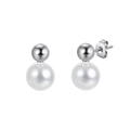 Detail view of double-layered earrings with polished metal sphere and white pearl bead - Double-Layer Pearl and Bead Style (STPE03) / 4.47g / Steel