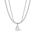 Double layer silver heart pendant necklace with snake chain in polished stainless steel - Double Heart Shell Pendant Necklace (STMN08) / Silver