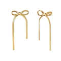 Detail of gold bow earrings with elegant long snake chain tassels and metallic finish - Bow Snake Chain Tassel Earrings (STKE04) / Gold