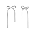 Silver bow dangle earrings crafted with snake bone chain on a clean white background - Bow Snake Chain Tassel Earrings (STKE04) / Steel