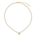Detail of gold cross pendant on pearl and stainless steel bead necklace with lobster clasp - Cross Pendant Art. Pearl Necklace (STPN07) / Gold