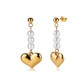Macro detail of gold-plated drop earrings featuring three white pearls and heart pendant - Heart Artificial Pearl Style (STPE01) / Gold
