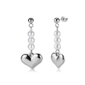 Japanese style vintage heart drop earrings with white pearls and silver heart pendants - Three-Pearl Heart Pendant Style (STPE01) / 1.68g / Steel