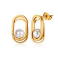 Detail view of geometric gold pearl stud earrings with double oval rings and butterfly back - Nested Double Oval Ring Artificial Pearl Studs (STPE07) / Gold
