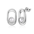 Modern geometric double-layer oval silver earrings with centered white round pearls - Geometric Oval Pearl Style (STPE07) / 4.03g / Steel