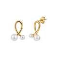 Detailed view of gold twisted pearl earrings with white shell pearls and butterfly backs - Double-Pearl Twisted Style (STPE02) / 1.68g / Gold