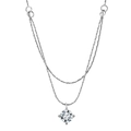 Close-up of double-layer stainless steel necklace with sparkling round zircon pendant - Double Chain Single Stone Pendant (STKN12) / Steel