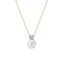 Close-up of a white pearl necklace featuring a gold four-prong setting and zircon stone - Single Art. Pearl & Rhinestone Pendant (STPN03) / Gold