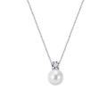 Classic round pearl pendant necklace with sparkling four-prong cubic zirconia stone - Single Art. Pearl & Rhinestone Pendant (STPN03) / Silver