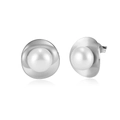 Close-up of minimalist stainless steel stud earrings featuring white pearls and polished base - Pearl Round Base Style (STPE05) / 3.85g / Steel