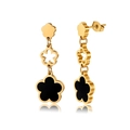 Three-tier hollow five-leaf flower drop earrings in gold stainless steel and black enamel - Triple Black Enamel Five-Petal Flower Dangle (STME02) / Gold