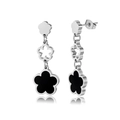 Detail view of tiered stainless steel five-petal flower drop earrings with black enamel - Triple Black Enamel Five-Petal Flower Dangle (STME02) / Steel