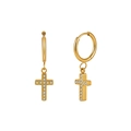 Close-up of gold hoop earrings with zircon-studded cross pendants on white background - Cross Dangle Rhinestone Earrings (STKE06) / Gold