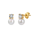 Detailed close-up of pearl and zirconia stud earrings in gold-plated stainless steel - Rhinestone Pearl Stud Style (STPE04) / 0.89g / Gold