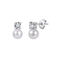 Elegant four-claw pearl earrings with single diamond accent in polished stainless steel - Rhinestone Pearl Stud Style (STPE04) / 0.89g / Steel