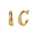 Elegant gold double C-shaped earrings with sparkling zircon inlay and polished steel finish - Intertwined Rhinestone Half-Hoop Earrings (STKE02) / Gold