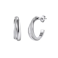 Close-up of silver C-shaped double hoop earrings with pave cubic zirconia and mirror finish - Intertwined Rhinestone Half-Hoop Earrings (STKE02) / Steel