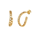 Close-up of gold semi-circle earrings with cubic zirconia inlay and butterfly backing - Hollow Rhinestone Semicircle Style (STKE09) / Gold