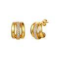 Macro shot of gold-plated C-shaped stainless steel earrings with square zircon inlay - 3-Row Square Rhinestone C-Hoop (STKE27) / 6.6g / Gold