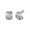 Close-up of C-shaped silver earrings with three rows of polished steel and cubic zirconia - 3-Row Square Rhinestone C-Hoop (STKE27) / 6.6g / Steel