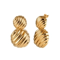 Polished gold-plated stainless steel statement earrings with textured spiral ripple design - Wavy Texture Double Ball Earring (STGE07) / 12.9g / Gold
