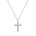 Macro shot of silver cross pendant necklace with sparkling round-cut crystals in claw setting - Pave Rhinestone Cross Pendant (STKN16) / Steel