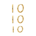 Three pairs of polished gold stainless steel hoop earrings in different sizes on white - 3-Pair Round Hoop Set (STKE23) / 3 Pairs/Pack (1.8g) / Gold