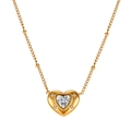 Macro detail of gold heart pendant necklace featuring large zircon and beaded chain - Heart Stone Rhinestone Inlaid Pendant (STKN13) / Gold