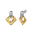 Detail of two-tone geometric earrings with silver crystal studs and hammered gold pendants - Bicolor Irregular Crumpled Geometric Dangle Earring (STKE21) / 6.9g / Gold and Silver