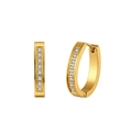 Detailed close-up of golden huggie earrings featuring a vertical row of white zircons - Rhinestone Hoop Earring (STKE45) / 5.9g / Gold