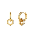 Macro detail of gold geometric earrings featuring baguette-cut zircon hexagonal pendants - Hexagonal Rhinestone Geometric Dangle (STKE20) / 7.3g / Gold
